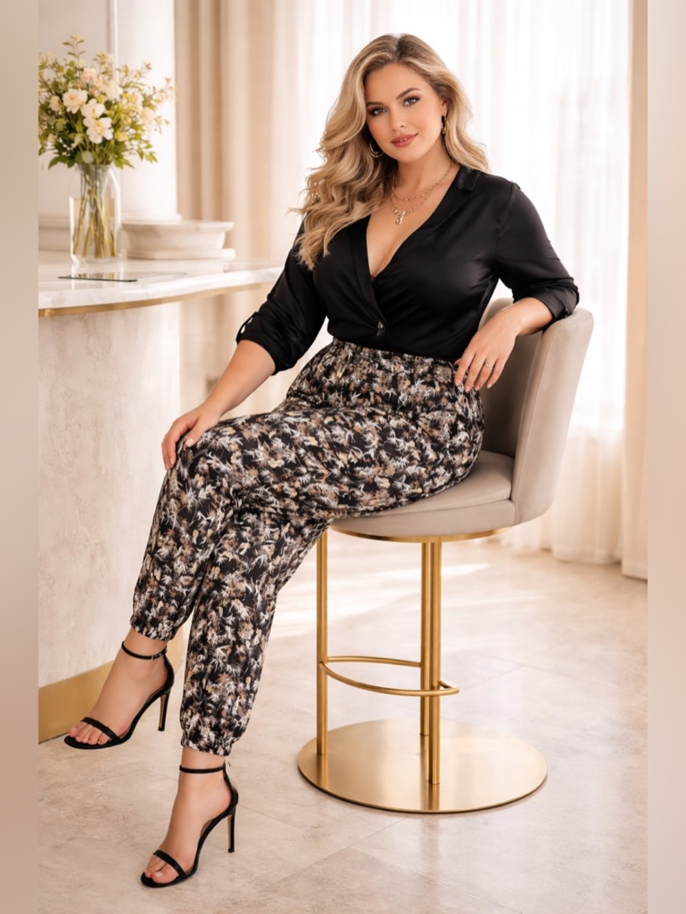 Peter Som Black Floral-Print Drawstring Jogger Pants